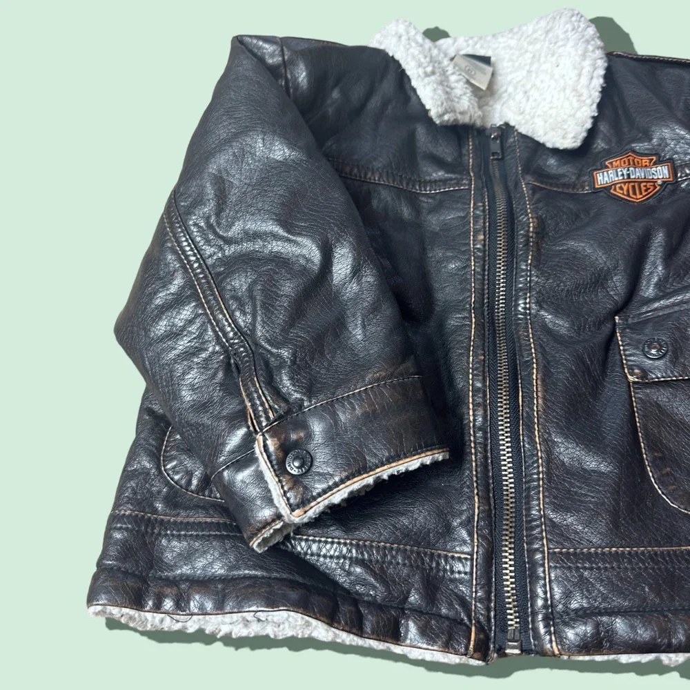 Toddler Harley Davidson Motorcycle Faux Leather Sherpa Lined Zip Up Jacket Sz 2T - Picture 3 of 11